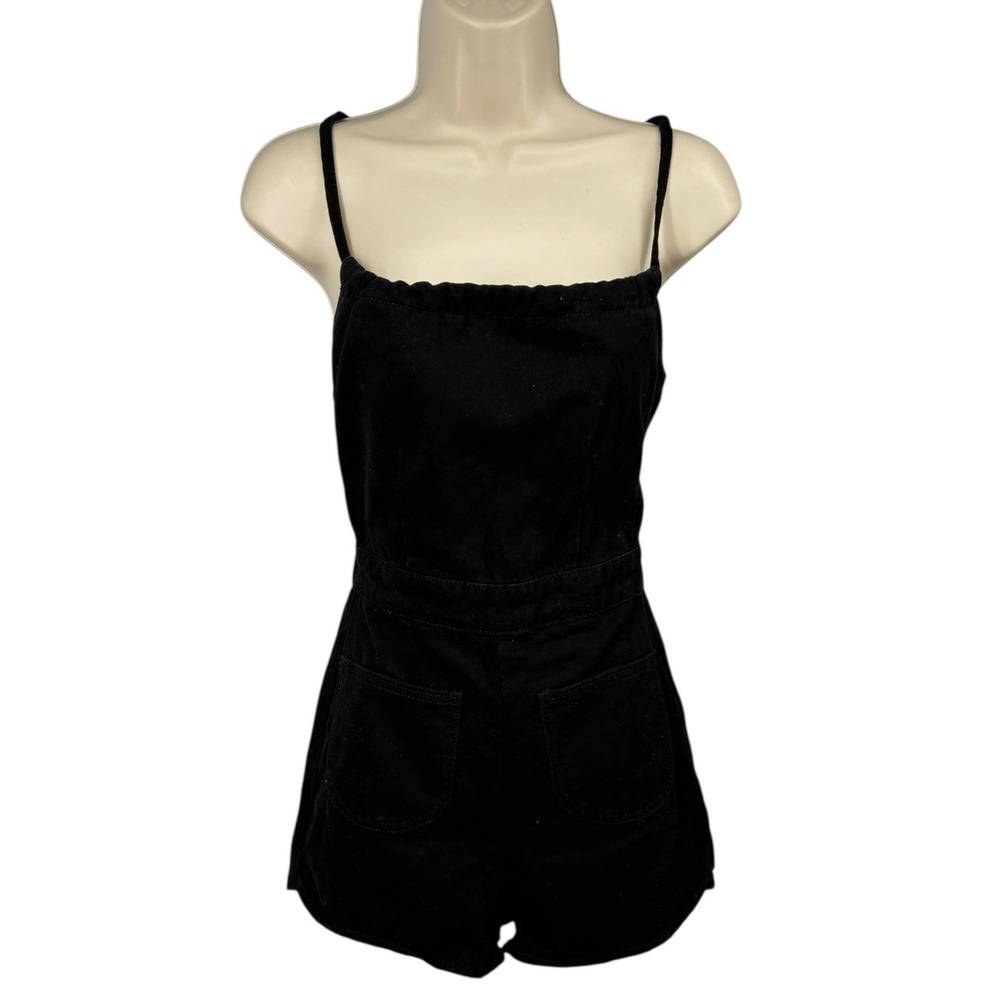 Urban Outfitters Black Open Back‎ Lace Up Cotton Romper Size 0 XS Pockets